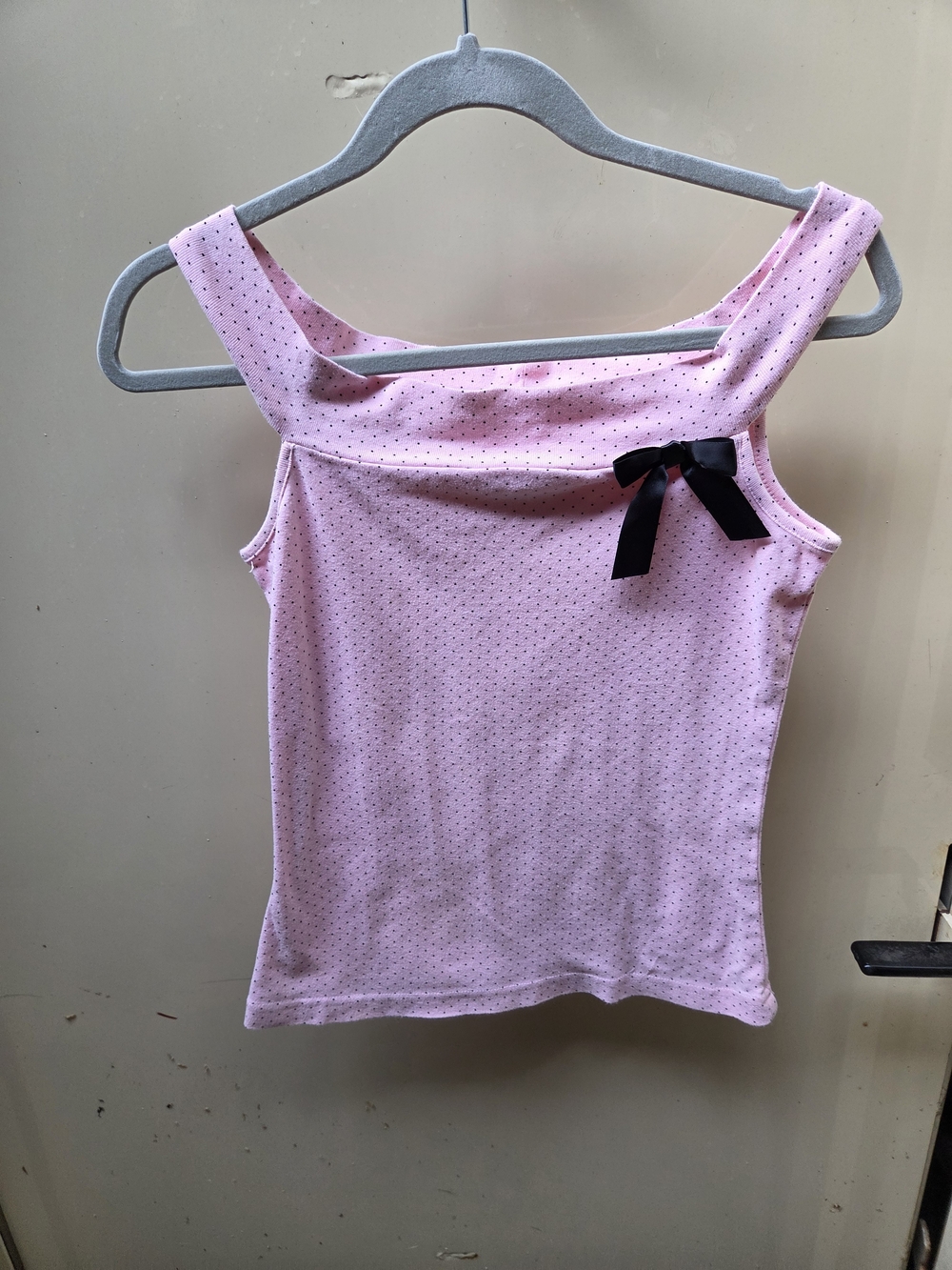 Self Esteem Light Pink Polka Dot Tank with Black Bow